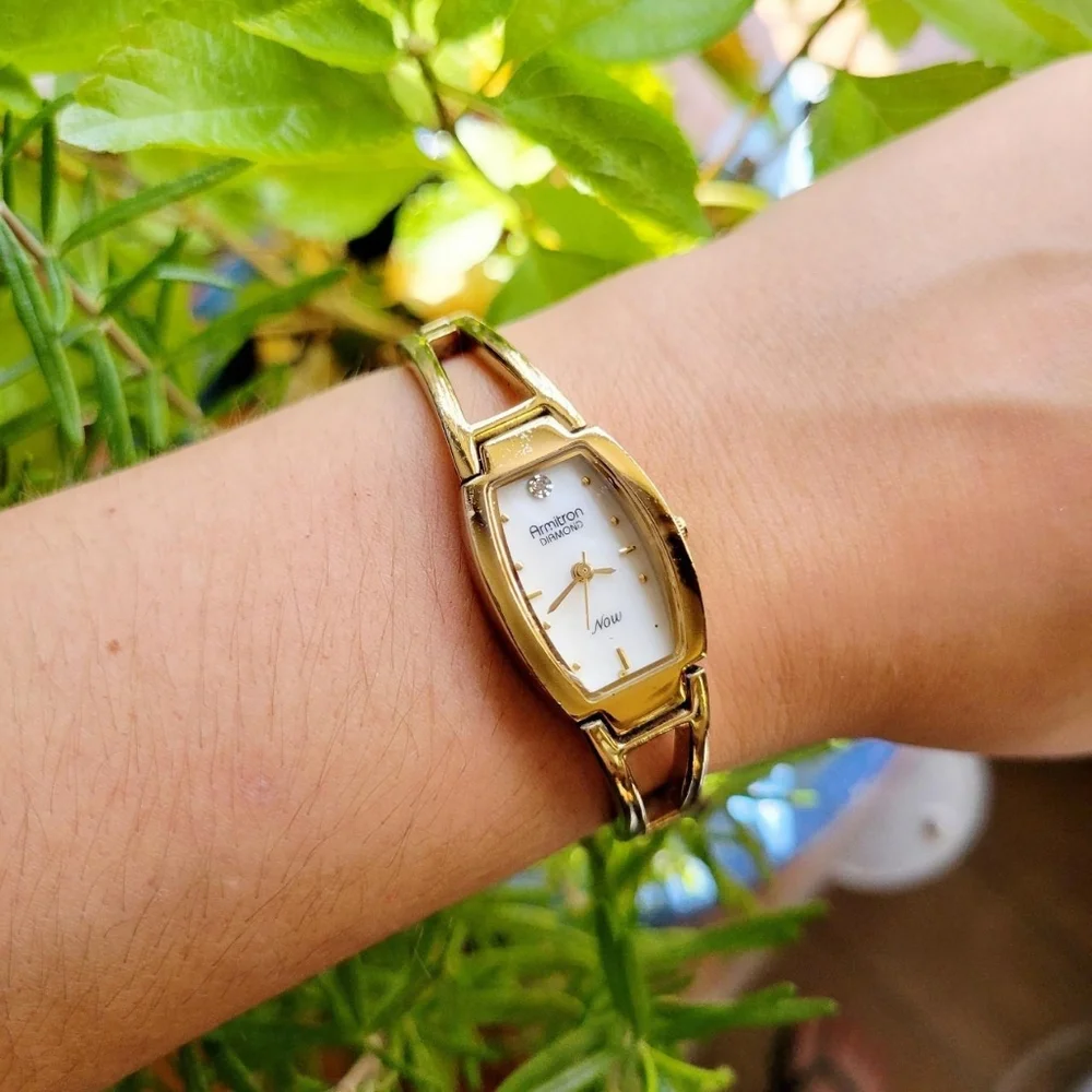 Classic Gold Armitron Genuine Diamond Now Tonneau Barrel Watch